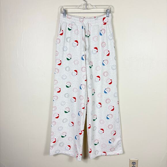 American Eagle Light Gray High Waisted Santa Smiley Face Wide Leg Sweatpants - Picture 1 of 9